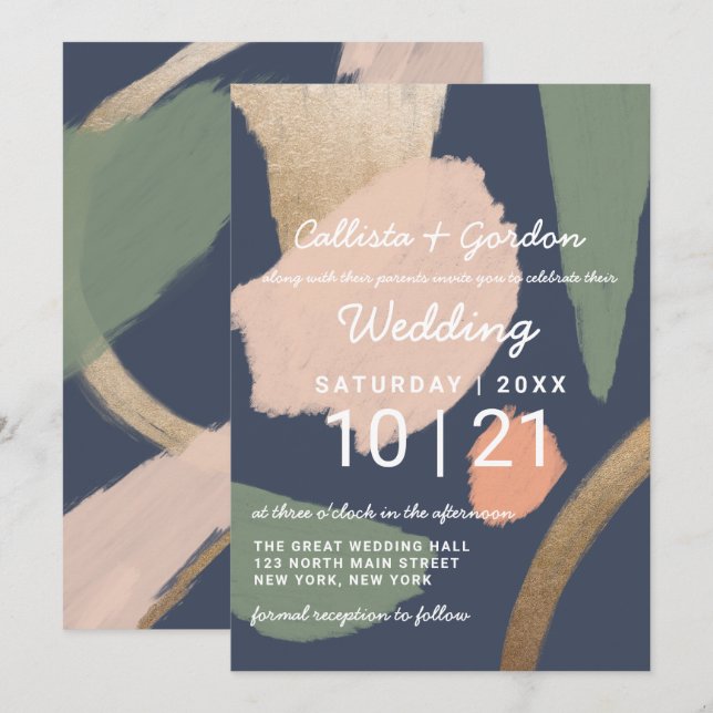 Modern Abstract Gold Navy Pink Sage Wedding Invitation (Front/Back)
