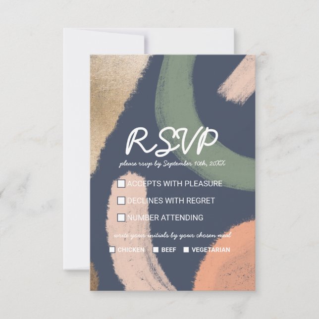 Modern Abstract Gold Navy Pink Sage Wedding RSVP Card (Front)