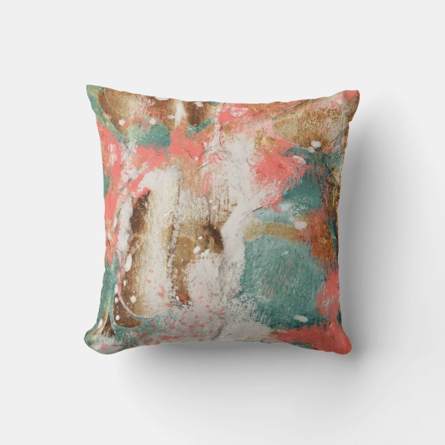 Modern Abstract Gold Pink Teal White Painting Cushion (Front)