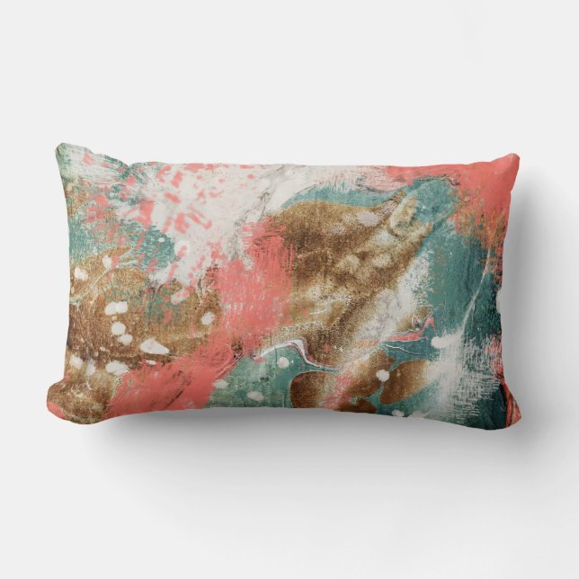 Modern Abstract Gold Pink Teal White Painting Lumbar Cushion (Front)