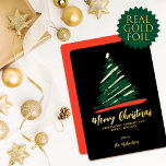 Modern Abstract Gold Red Green Tree Christmas Foil Holiday Card<br><div class="desc">This elegant, simple, and modern Christmas card is perfect for the holiday season. It features an abstract Christmas tree in green, red, black, and real gold foil with matching foil typography on a white background. It's chic, minimal, trendy, and cool; the perfect design to send to friends and family. ***IMPORTANT...</div>