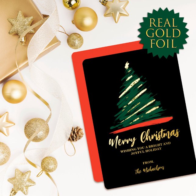 Modern Abstract Gold Red Green Tree Christmas Foil Holiday Card (Creator Uploaded)