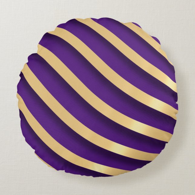 Modern Abstract Gold Stripes Purple Round Cushion (Front)