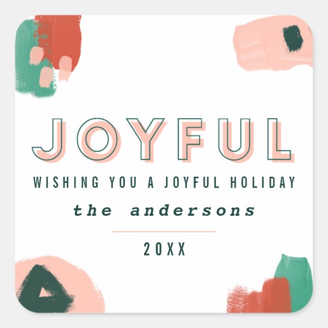 Modern abstract graphic red, pink + green joyful square sticker (Front)