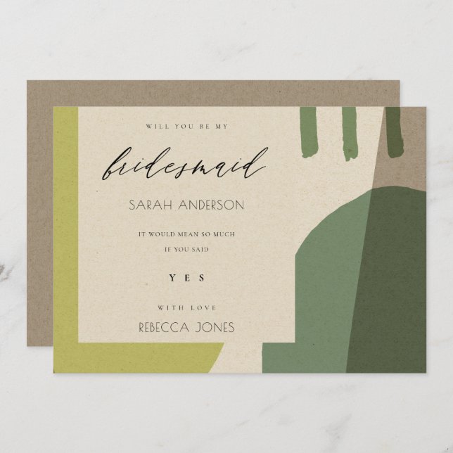 MODERN ABSTRACT GREEN ARTISTIC BE MY BRIDESMAID INVITATION (Front/Back)