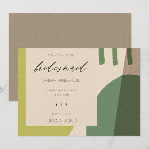 MODERN ABSTRACT GREEN ARTISTIC BE MY BRIDESMAID INVITATION