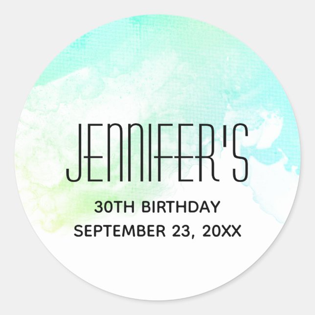 Modern Abstract Green & Blue Watercolor Birthday Classic Round Sticker (Front)