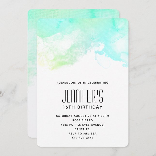Modern Abstract Green & Blue Watercolor Birthday Invitation (Front/Back)