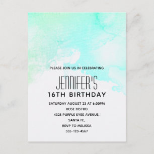 Modern Abstract Green & Blue Watercolor Birthday Invitation Postcard