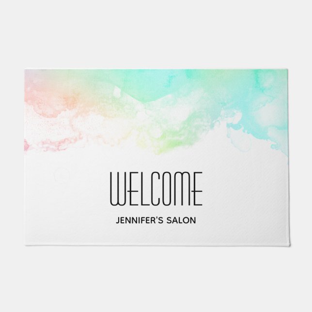 Modern Abstract Green & Blue Watercolor Swirls Doormat (Front)