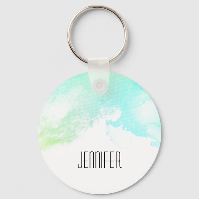 Modern Abstract Green & Blue Watercolor Swirls Key Ring (Front)