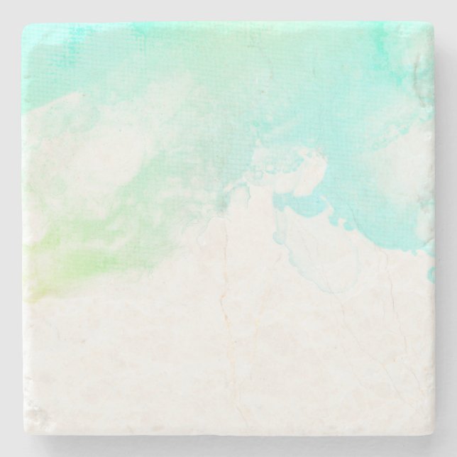 Modern Abstract Green & Blue Watercolor Swirls Stone Coaster (Front)