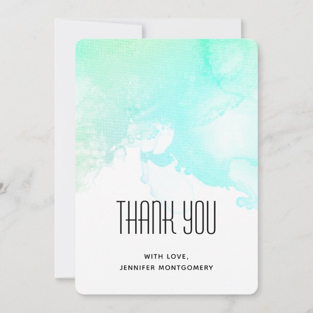 Modern Abstract Green & Blue Watercolor Swirls Thank You Card (Front)