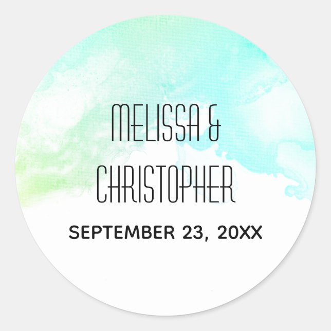 Modern Abstract Green & Blue Watercolor Wedding Classic Round Sticker (Front)