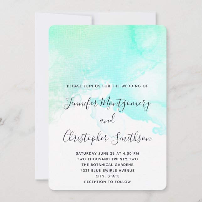 Modern Abstract Green & Blue Watercolor Wedding Invitation (Front)