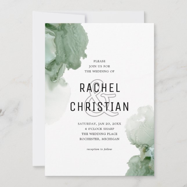 Modern abstract green geode wedding invitation (Front)