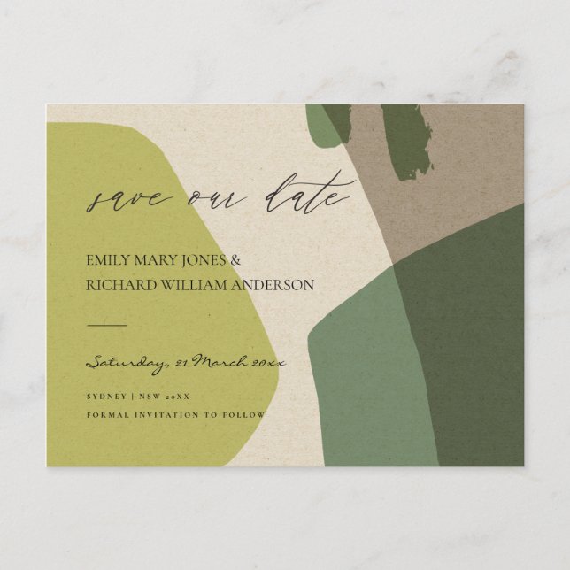 MODERN ABSTRACT GREEN KRAFT ARTISTIC SAVE THE DATE ANNOUNCEMENT POSTCARD (Front)