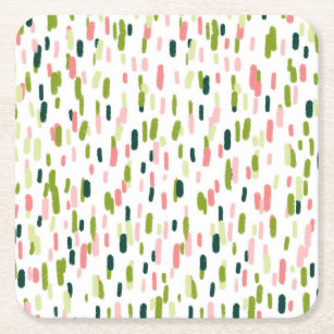 Modern Abstract Green  pink Sprinkles Square Paper Coaster