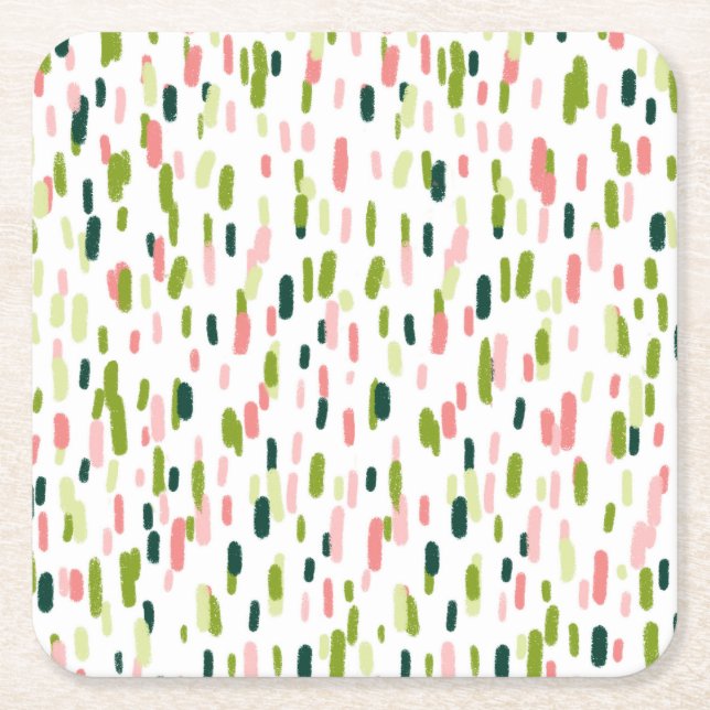 Modern Abstract Green  pink Sprinkles Square Paper Coaster (Front)