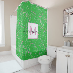 Modern Abstract Green Pink White Monogram Floral Shower Curtain