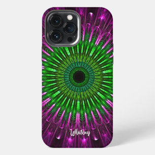 Modern Abstract Green Purple Fractal Mandala Name iPhone 13 Pro Max Case
