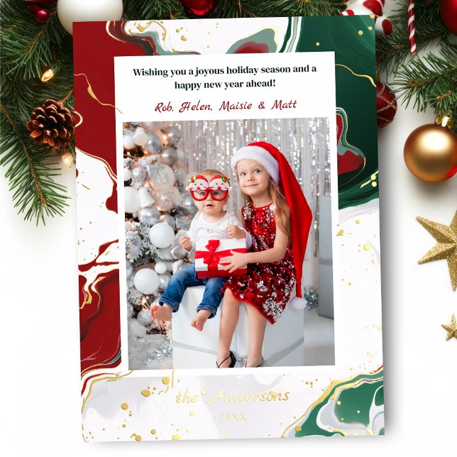 Modern Abstract Green/Red Christmas Photo Foil Holiday Card (Creator Uploaded)
