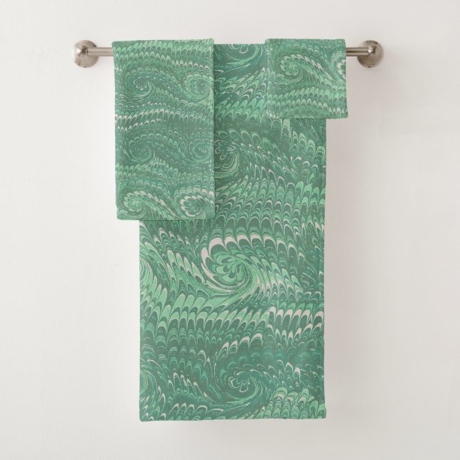 Modern Abstract Green Swirls Marble Pattern Bath Towel Set (Insitu)
