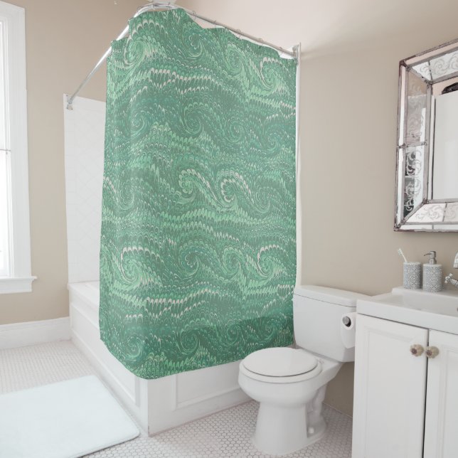 Modern Abstract Green Swirls Marble Pattern Shower Curtain (In Situ)