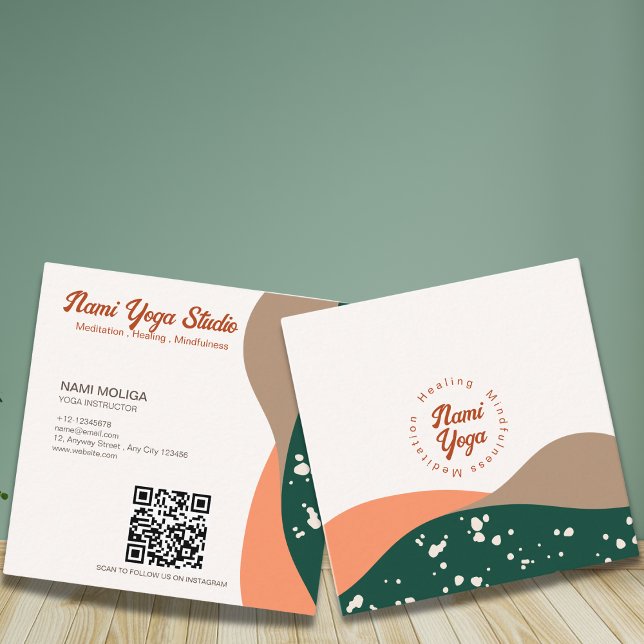 Modern Abstract Green Terra Cotta  Yoga Studio Square Business Card (Creator Uploaded)