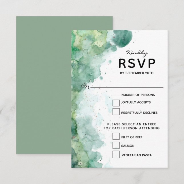 Modern Abstract Green Watercolor Wedding RSVP Card (Front/Back)