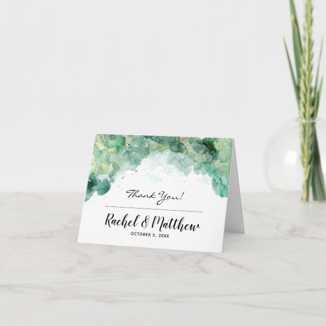Modern Abstract Green Watercolor Wedding Thank You Card (Front)