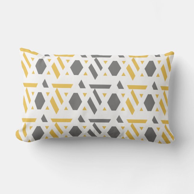 Modern, abstract, grey, mustard yellow, white lumbar cushion (Front)