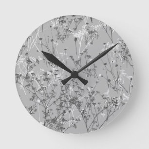 Modern Abstract Grey White Wildflowers Round Clock