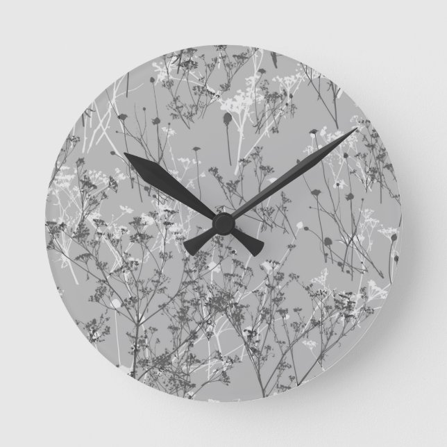 Modern Abstract Grey White Wildflowers Round Clock (Front)
