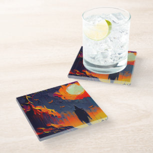 Modern Abstract Halloween Night Glass Coaster