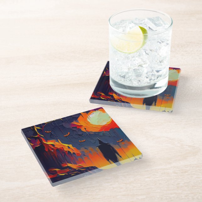 Modern Abstract Halloween Night Glass Coaster (Angled)