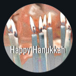 Modern Abstract Hanukkah Classic Round Sticker<br><div class="desc">A modern abstract digital painting of Hanukkah candles with Happy Hanukkah text. Popular uses of this sticker include party favours,  correspondence seals and to embellish gifts.</div>