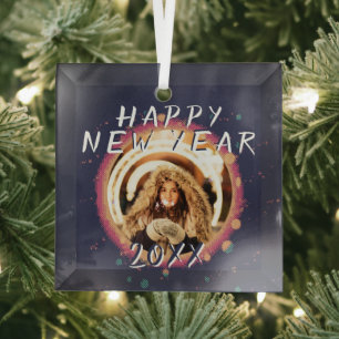 Modern Abstract Happy New Year 2023 Photo Glass Tree Decoration