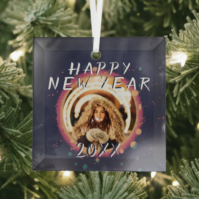 Modern Abstract Happy New Year 2023 Photo Glass Tree Decoration (Insitu)