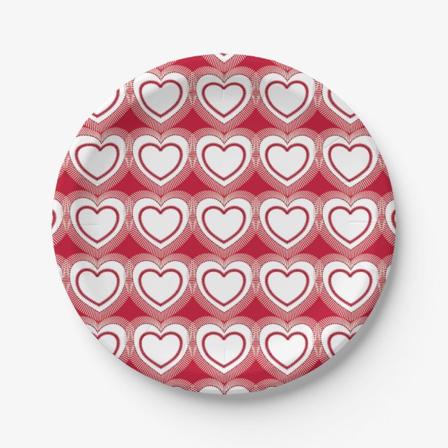 Modern Abstract Hearts - Red and White Paper Plate (Front)