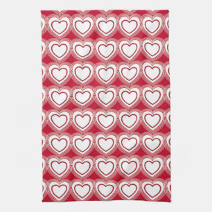 Modern Abstract Hearts - Red and White Tea Towel