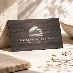 Modern Abstract Home Logo on Dark Woodgrain Business Card