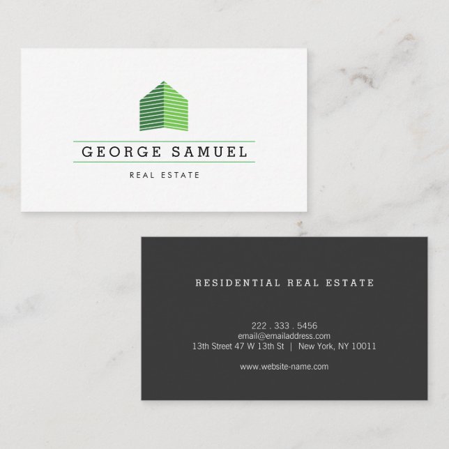 Modern Abstract Home Logo Realtor Green Monogram Business Card (Front/Back)