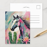 Modern Abstract Horse and Succulents Postcard<br><div class="desc">A vibrant, modern abstract painting depicting a horse surrounded by cacti and succulents in soft pastel colours. The horse is rendered with splashes of bold colour, while the desert plants are painted with a mix of muted greens, pinks, and blues. The fusion of organic forms and lively hues creates a...</div>