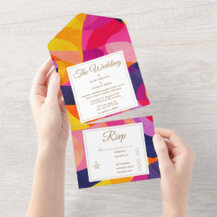 Modern  Abstract Hot Pink and Orange wedding All In One Invitation