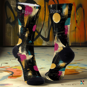 Modern Abstract in Yellow, Teal, Magenta on Black Socks