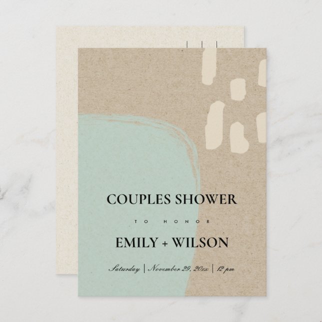 MODERN ABSTRACT KRAFT AQUA BLUE COUPLES SHOWER INVITATION POSTCARD (Front/Back)