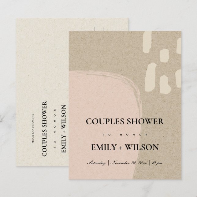MODERN ABSTRACT KRAFT BLUSH PEACH COUPLES SHOWER INVITATION POSTCARD (Front/Back)