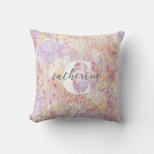 Modern Abstract Lavender Flowers Name Monogram Cushion