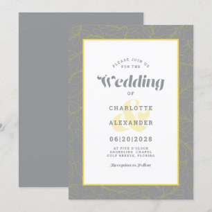 Modern Abstract Leaves Pattern Grey & Yellow Invitation